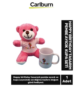 Özel Üretim Doğum Günü Hediye Gift Arkadaş Sevgili Happy Birthday Tasarım Pembe Ayıcık ve Kupa Seti (Çok Renkli)