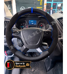 Ford Transit Dikme Direksiyon Kılıfı Alcantara Süet Mat Karbon Mavi Yüzük ve Dikiş 2014+