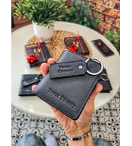 VİSSO 316 Hakiki Deri Kişiye İsme Özel Sade Boy İnce Erkek Cüzdan Kartlık Model Portföy Çanta Siyah Renk + anahtarlık