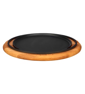 Lava Döküm Yuvarlak Pizza Krep Pankek Tavası Döküm Demir Yekpare Çift Kulplu Kayın Servis Ahşabı Çap(Ø)28cm.
