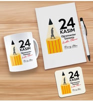 BK Gift Kişiye Özel İsimli Öğretmenler Günü Tasarımlı Beyaz Defter, Tükenmez Kalem, Kupa ve Bardak Altlığı Hediye Seti- 10, Öğretmene Hediye, Öğretmenler Günü