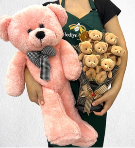 Büyük Boy Pembe Peluş Ayıcık ve 7'li Peluş Ayıcık Buketi (Model 4)