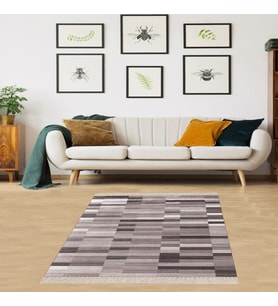 Renk Bloklu Geometrik Geçişli Dijital Baskı Yıkanabilir Kaymaz Taban Salon Halısı ve Yolluk (Gri)