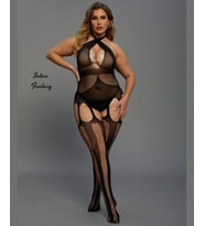 Intive Battal Beden Çapraz Askılı Ağı Açık Jartiyerli Vücut Çorabı (2XL/3XL) (Siyah)