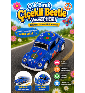 Çek Bırak Metal Vosvos Oyuncak Araba 11 cm - Klasik Çiçekli Retro Tasarım Açılabilir Kapı 1:38