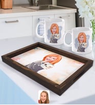BK Gift Kişiye Özel Kadın Karikatürlü Doğal Ahşap Tepsi ve 2’li Kupa Bardak Seti-104