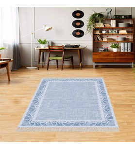 Nakış Desen Çerçeveli Dijital Baskı Yıkanabilir Kaymaz Taban Modern Salon Halısı ve Yolluk (Mavi)
