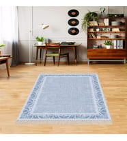 Nakış Desen Çerçeveli Dijital Baskı Yıkanabilir Kaymaz Taban Modern Salon Halısı ve Yolluk (Mavi)