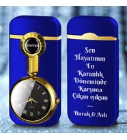 Kişiye Özel İsim ve Söz Baskılı Metal Rüzgar Geçirmez Saatli Gazlı Çakmak 3 Çeşit Renk (Mavi)