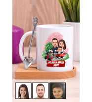 Üç Kişilik Aileye Özel Karikatürlü Ahşap Altlıklı Beyaz Kupa Bardak