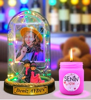 Size Özel Renkli Led Işıklı Fanus ve Kokulu Mum Hediye Seti (Model 7)
