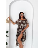 Neşeli butik kadın kahverengi madonna yaka şifon desenli midi boy elbise NBK091