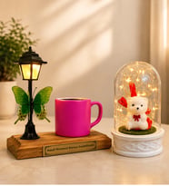 Kişiye Özel Yazılı Sokak Lambalı Pembe Türk Kahvesi Fincanı ve LED Işıklı Fanus (beyaz ayıcıklı)