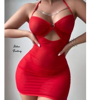 IntiveFantasy Kırmızı Tülden Kalp Aksesuarlı Zincir Kolyeli Boyundan Geçmeli Göğüs Dekolteli Gecelik
