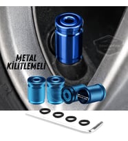 Kilitlemeli Sibop Kapağı Alyanlı Sibop Kapağı Araba Motosiklet Bisiklet Metal Sıkmalı Mavi 4 lü Set