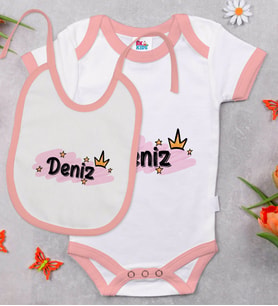 BK Kids Kişiye Özel İsimli Pembe Bebek Body Zıbın ve Mama Önlüğü Hediye Seti-30