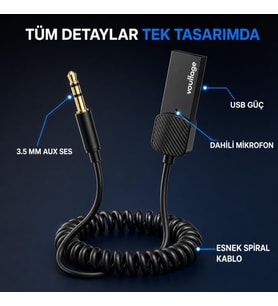 Bluetooth 5.4 Araç AUX Adaptörü, 3.5 mm Jack Araç Ses Kiti