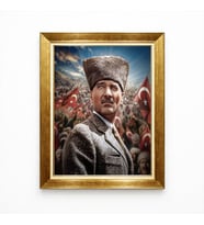 Tablore Atatürk Kalpaklı Tablo Türk Bayrağı Temalı Kanvas Duvar Dekoru Altın Çerçeve