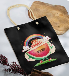 BK Gift Yaz Temalı Siyah Halat Saplı Kumaş Plaj Çantası -18, Baskılı Omuz Çantası, Alışveriş Çantası, Arkadaşa Hediye, Sevgiliye Hediye