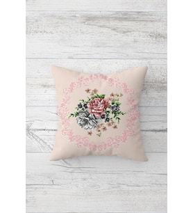 Vintage Çember Içinde Gül Buketi Çift Tarafı Baskılı Gizli Fermuarlı Kırlent Koltuk Yastık Kılıfı (Pudra)