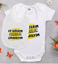BK Kids Ep İsterim Tasarımlı Beyaz Bebek Body Zıbın ve Mama Önlüğü Hediye Seti-6