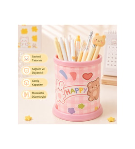 Kawaii Pembe Teddy Ayıcık ve Tavşan Desenli Geniş Kapasiteli Masaüstü Organizer