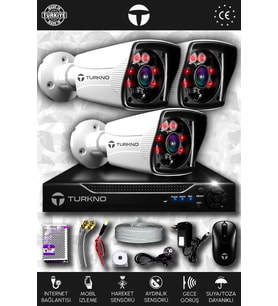 TURKNO 3 Kameralı Karia 3 Dış Kamera Set HDD'siz Full HD Gece Görüşlü Güvenlik Kamerası Sistemi