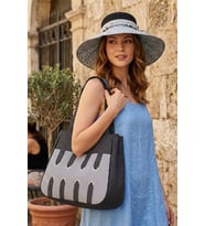 Bohem Çiçekli Hasır Şapka ve Puantiyeli/Çizgili Modern Bez Çanta Seti 1317-1336 (Siyah)