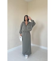 Haki Biyeli Sweatshirt Ve Etek Takım