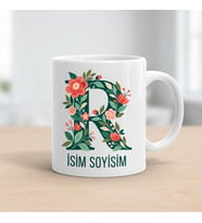 Kişiye Özel Baş Harf ve İsim Yazılı Çiçek Motiflili R Harfli Seramik Kupa Bardak