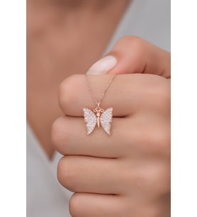 925 Ayar Gümüş Rose Zirkon Taşlı Kelebek Kolye