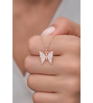 925 Ayar Gümüş Rose Zirkon Taşlı Kelebek Kolye