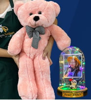Size Özel Renkli Led Işıklı Fanus ve Büyük Boy Pembe Peluş Ayıcık Hediye Seti (Model 8)