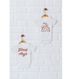 Pia Baby Premium %100 Pamuk İsme Özel Organik Baskılı İkili Set Çıtçıtlı Bebek Body Zıbın Modelleri 5059-17 (Ekru)