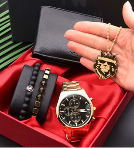 Gold Metal Analog Erkek Kol Saati, Bileklik, Kolye ve Cüzdan Seti