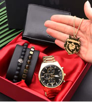 Gold Metal Analog Erkek Kol Saati, Bileklik, Kolye ve Cüzdan Seti