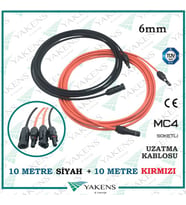 Güneş Paneli Uzatma Kablosu (10m+10m) 20 Metre 6mm Çift Taraflı Hazır Soketli Solar Ara Kablo Siyah Kırmızı (Siyah-Kırmızı)
