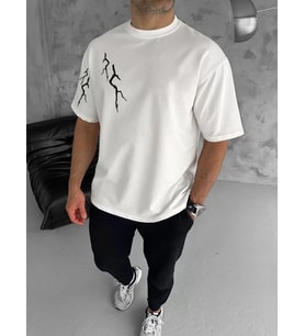 pilelistore- Unisex Bisiklet Yaka Baskılı Oversize T-Shirt - Beyaz