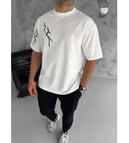 pilelistore- Unisex Bisiklet Yaka Baskılı Oversize T-Shirt - Beyaz