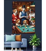 Bilardo Masasında Oyun Oynayan Köpekler Dekoratif Kanvas - Mdf Ahşap Tablo