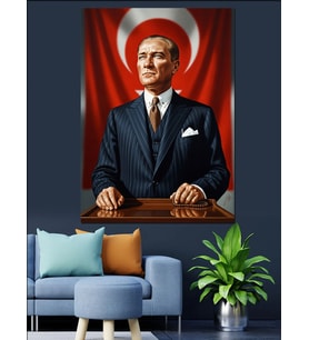 Atatürk Türk Bayrağı Fonlu Dekoratif Kanvas - Mdf Ahşap Tablo