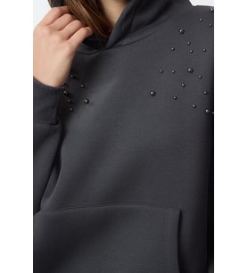 Tarz Relaxed Kapüşonlu Düşük Kol Uzun Taşlı Rahat Kalıp Kalın içi Polarlı Örme Sweatshirt