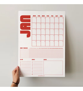 Tarihsiz Aylık Planlayıcı Takvim, Kırmızı Retro Organizer Planlayıcı