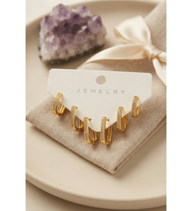 Northcity Gold Renk Zirkon Taşlı Pirinç Kare Model Halka Kadın Küpe Seti