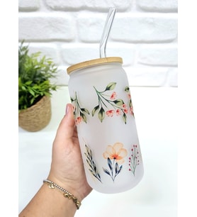 Bambu Kapaklı Yeşil Yaprak ve Kırmızı Çiçek Desenli Pipetli Buzlu Cam Bardak