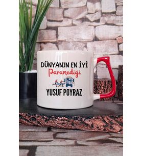 Dünyanın En İyi Paramediği Baskılı Kişiye Özel Paramedik Hediyelik Kırmızı Kulplu Kupa Bardak