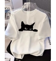Kadınlar için Siyah Kedi Grafik Tişört - Oversize Kısa Kollu Üst Nefes Alabilir - Beyaz
