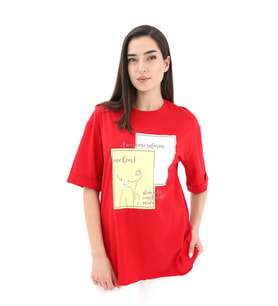 Bisiklet Yaka Yüz Basklı T-Shirt - Kırmızı