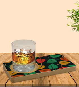 BK Gift Kişiye Özel Yapraklar Tasarımlı Doğal Ahşap Tabaklı Viski Bardağı Sunum Seti Model 7