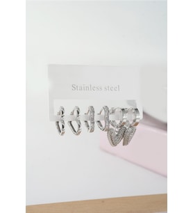 Kadın Vip Seri Baget Zirkon Taşlı Kalp Model Klipsli 6'lı Set Küpe